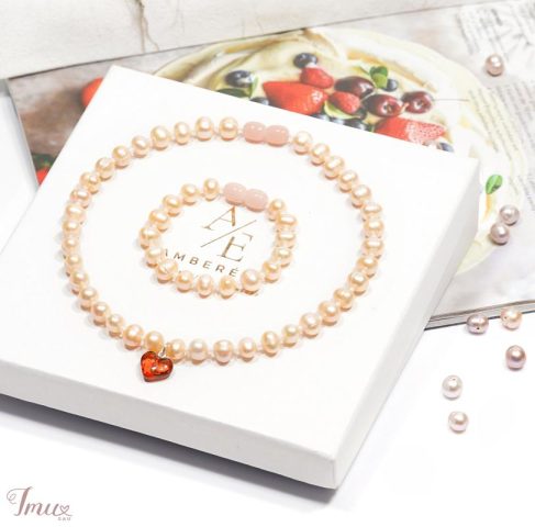 imusau.lt | parduodama Natūralių gėlavandenių perlų komplektas su natūralaus Baltijos gintaro širdele