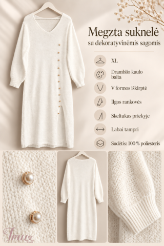 imusau.lt | parduodama Balta megzta suknelė su dekoratyvinėmis sagomis, XL